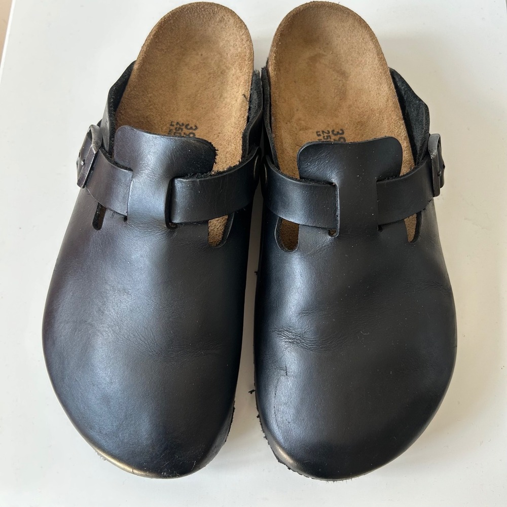 Birkenstock Boston Clogs Sz 39 Oiled Black Leather Buckle Closed Toe Shoes
